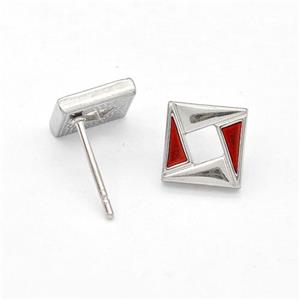 Raw Stainless Steel Square Stud Earring Red Enamel, approx 8mm