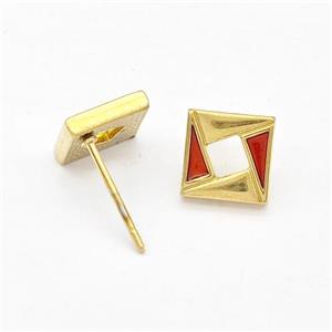 Stainless Steel Square Stud Earring Red Enamel Gold Plated, approx 8mm