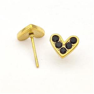 Stainless Steel Hear Stud Earrings Pave Black Rhinestone Gold Plated, approx 8.5mm