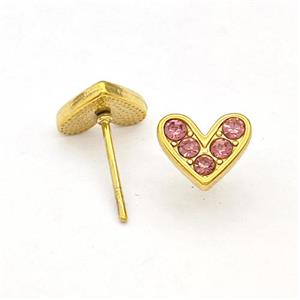 Stainless Steel Hear Stud Earrings Pave Pink Rhinestone Gold Plated, approx 8.5mm