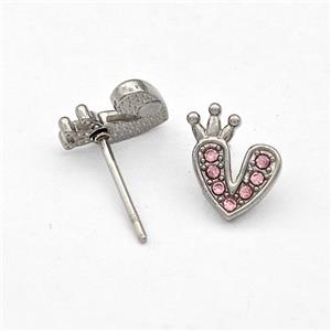 Raw Stainless Steel Heart Stud Earrings Pave Pink Rhinestone Crown, approx 9-10mm