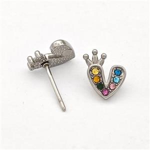 Raw Stainless Steel Heart Stud Earrings Pave Multicolor Rhinestone Crown, approx 9-10mm