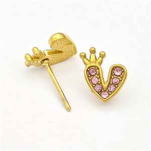 Stainless Steel Heart Stud Earrings Pave Pink Rhinestone Crown Gold Plated, approx 9-10mm