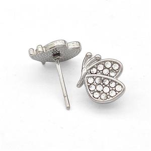 Raw Stainless Steel Butterfly Stud Earrings Pave Rhinestone, approx 9-10mm