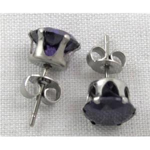 hypoallergenic Stainless steel earring with deep purple cubic zirconia, 15mm length,  Cubic zirconia:8mm