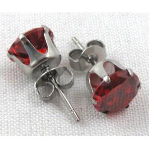 hypoallergenic Stainless steel earring with red cubic zirconia, 15mm length,  Cubic zirconia:8mm