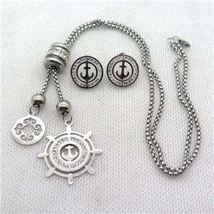 stainless steel necklace and earring, anchor, platinum plated, approx 2.5mm, 18mm, 30mm, 20mm dia