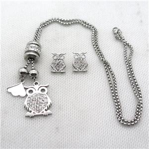 stainless steel necklace and earring, owl, platinum plated, approx 2.5mm, 20-28mm, 12-16mm