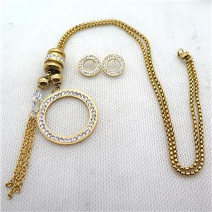stainless steel necklace and earring, gold plated, approx 2.5mm, 35mm, 70mm, 14mm dia