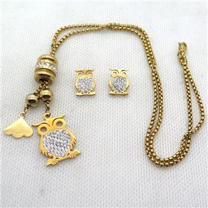 stainless steel necklace and earring, owl, gold plated, approx 2.5mm, 20-28mm, 12-16mm
