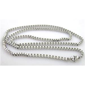 Stainless Steel Necklace, box-chain, platinum plated, 2.4x2.4mm, approx 21.5 inch (55cm) length