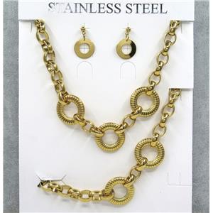 stainless steel necklace and earrings, bracelet, gold plated, approx 10-25mm, 42cm length, 20cm length