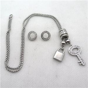 stainless steel necklace and earring, platinum plated, approx 2.5mm, 20-30mm, 12-20mm, 14mm dia