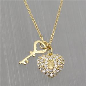 Sterling Silver Necklace pave zircon, heart-key, gold plated, approx 8mm, 42cm length