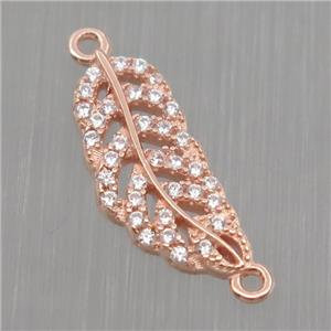 Sterling Silver Leaf connector paved zircon, rose gold, approx 6-15mm