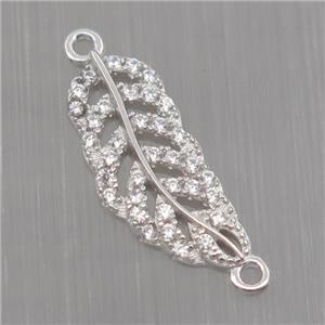 Sterling Silver Leaf connector paved zircon, platinum plated, approx 6-15mm