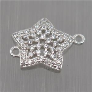 Sterling Silver star connector paved zircon, platinum plated, approx 12mm dia