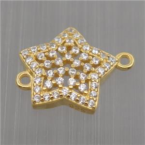 Sterling Silver star connector paved zircon, gold plated, approx 12mm dia