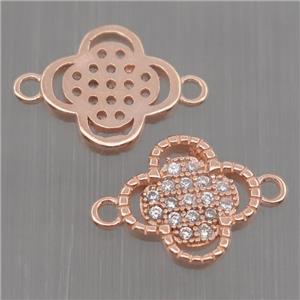 Sterling Silver clover connector paved zircon, rose gold, approx 10mm