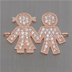 Sterling Silver couple connector paved zircon, rose gold, approx 13-17mm