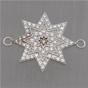 Sterling Silver star connector paved zircon, platinum plated, approx 16mm dia