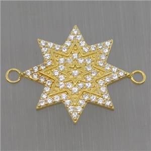 Sterling Silver star connector paved zircon, gold plated, approx 16mm dia