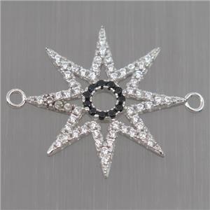 Sterling Silver star connector paved zircon, platinum plated, approx 19mm dia