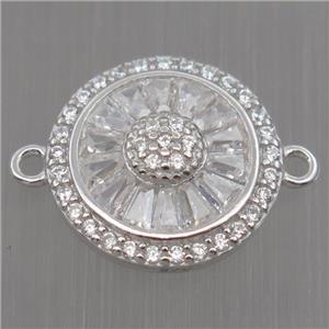 Sterling Silver sunflower connector paved zircon, platinum plated, approx 13mm dia