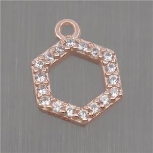 Sterling Silver Hexagon pendant paved zircon, rose gold, approx 8mm dia