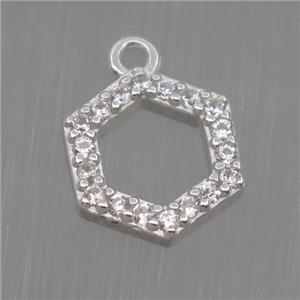 Sterling Silver Hexagon pendant paved zircon, platinum plated, approx 8mm dia