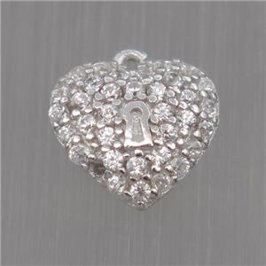 Sterling Silver heart pendant paved zircon, platinum plated, approx 8mm