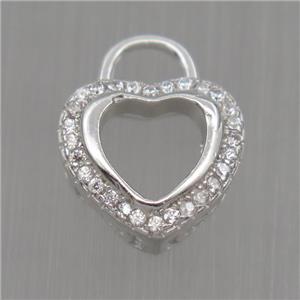 Sterling Silver heart pendant paved zircon, platinum plated, approx 10-11mm