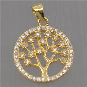 Sterling Silver pendant paved zircon, tree of life, gold plated, approx 15mm