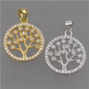 Sterling Silver pendant paved zircon, tree of life, mixed color, approx 15mm