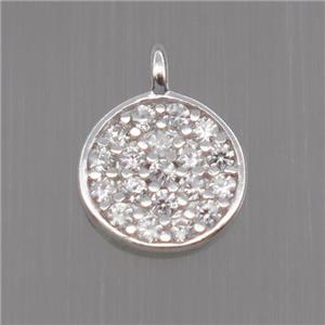 Sterling Silver circle pendant paved zircon, platinum plated, approx 7mm dia