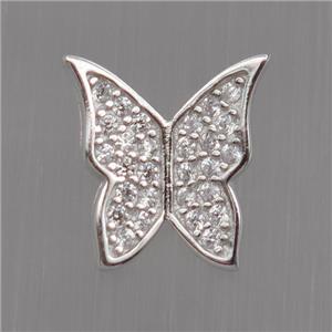 Sterling Silver butterfly beads paved zircon, platinum plated, approx 8.5-10.5mm