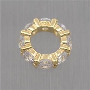 Sterling Silver beads paved zircon, rondelle, gold plated, approx 9mm dia