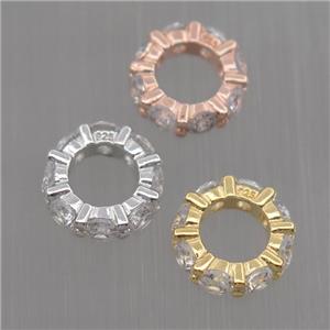 Sterling Silver beads paved zircon, rondelle, mixed color, approx 9mm dia