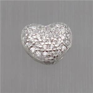 Sterling Silver heart beads paved zircon, platinum plated, approx 9mm dia