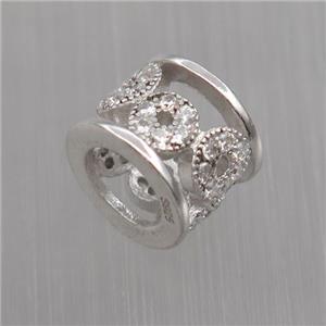 Sterling Silver tube beads paved zircon, platinum plated, approx 7.5-9.5mm, 6mm hole