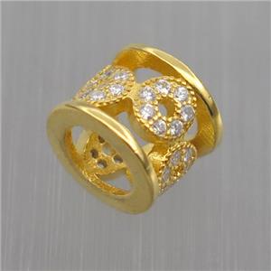Sterling Silver tube beads paved zircon, gold plated, approx 7.5-9.5mm, 6mm hole