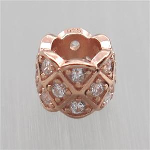 Sterling Silver column beads paved zircon, large hole, rose gold, approx 6-8mm, 4.5mm hole