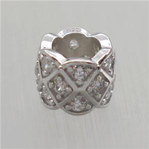 Sterling Silver column beads paved zircon, large hole, platinum plated, approx 6-8mm, 4.5mm hole