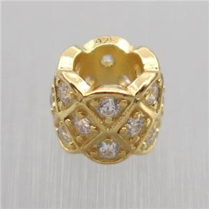 Sterling Silver column beads paved zircon, large hole, gold plated, approx 6-8mm, 4.5mm hole
