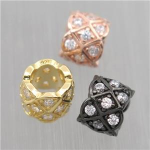 European style Sterling Silver column beads paved zircon, large hole, mixed color, approx 6-8mm, 4.5mm hole