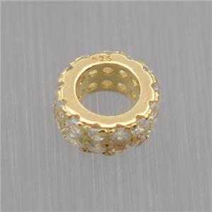 Sterling Silver beads paved zircon, rondelle, gold plated, approx 6mm, 3.5mm hole