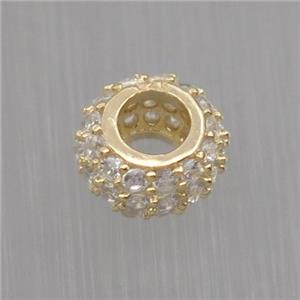 European style Sterling Silver beads paved zircon, rondelle, gold plated, approx 6mm, 3mm hole