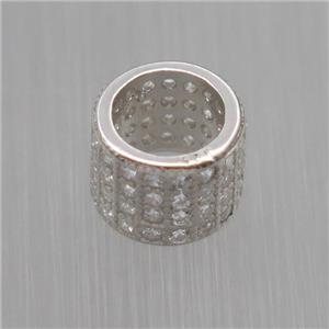 European style Sterling Silver tube beads paved zircon, platinum plated, approx 7mm, 5mm hole