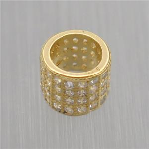 European style Sterling Silver tube beads paved zircon, gold plated, approx 7mm, 5mm hole