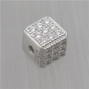 Sterling Silver cube beads paved zircon, platinum plated, approx 5.5mm